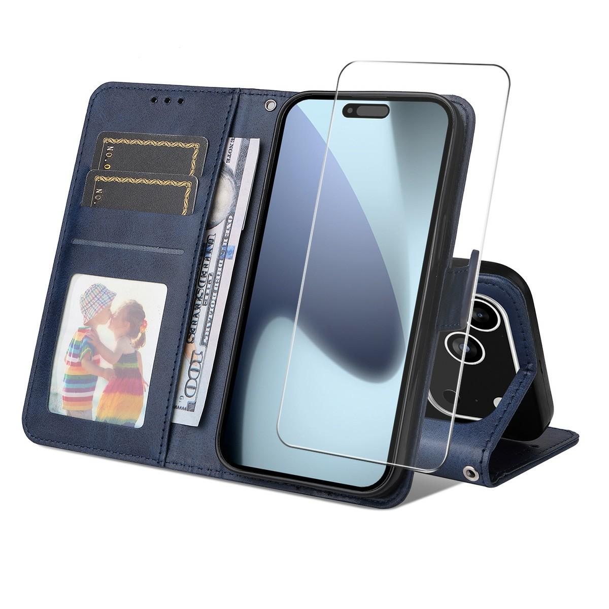 

ENKAY HAT PRINCE Для iPhone 17 Pro Чехол-кошелек Кожа теленка Текстура Подставка для телефона Обложка с толстой клейкой защитной пленкой для экрана/ремешком Blue