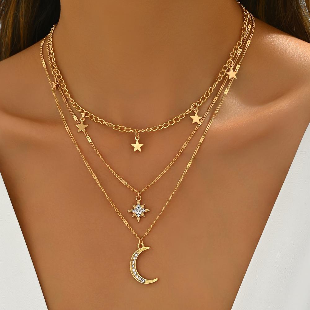 Bohemian Star Tassel Octagonal Star Moon Sparkling Zircon Pendant Multi-layer Necklace for Women Exquisite Collar Chain Jewelry