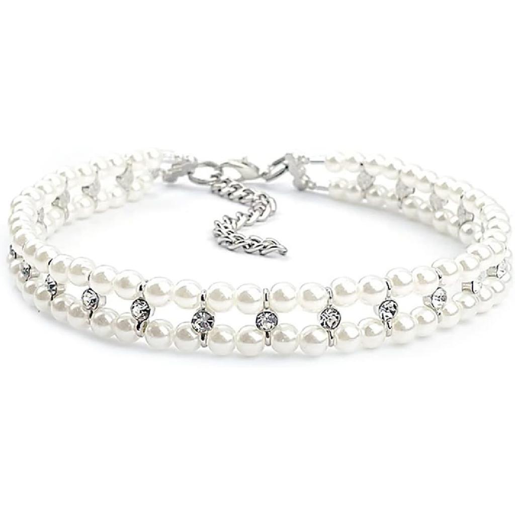 Pet Pearl Rhinestone Collar Cat Dog Necklace Adjustable Small Dog Collar