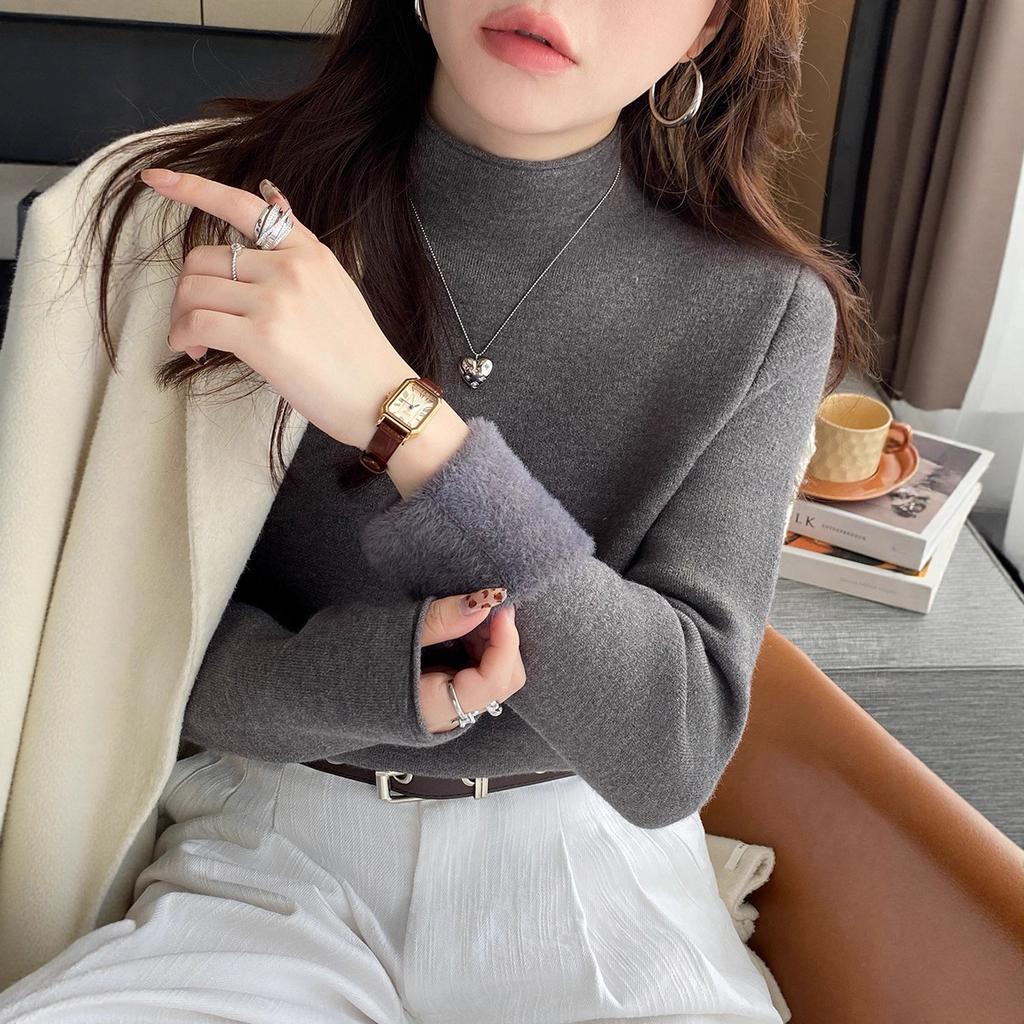 Yellow Semi-turtleneck Sweater Women's Autumn and Winter New Fleece Thickened Inner Integrated Fleece High-end Bottoming Top