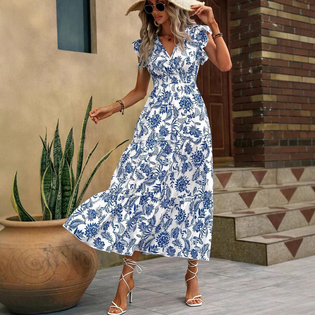 

Женское миди-платье с цветочным принтом и V-образным вырезом, с поясом, летнее платье с коротким рукавом, повседневное платье в стиле бохо S синий