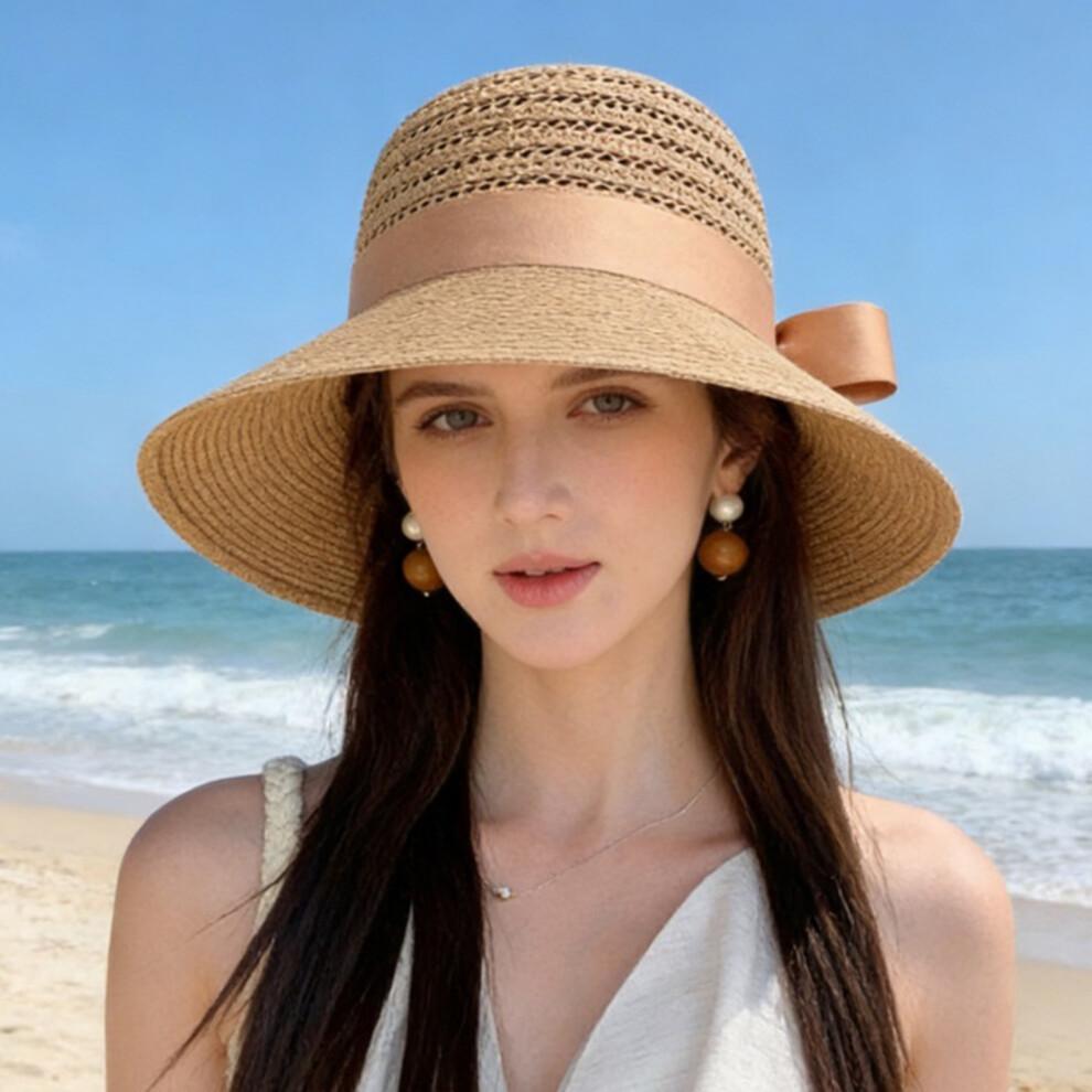 (One Size, Khaki) Women's Summer Straw Hat Wide Brim Beach Cap Outdoor Hollow Sun Hat with Bowknot