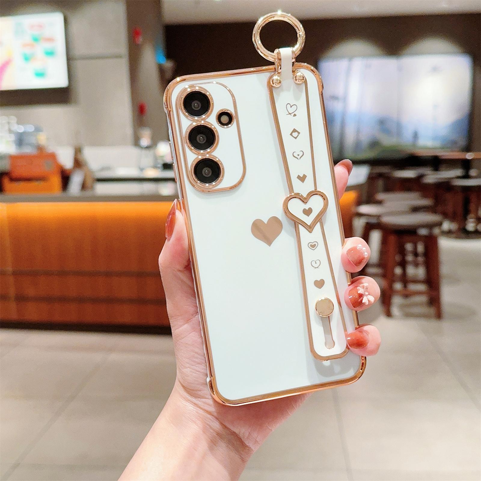 

For Samsung Galaxy A54 5G Case Electroplating Love Heart TPU Phone Cover Wristband Ring Holder Ivory White