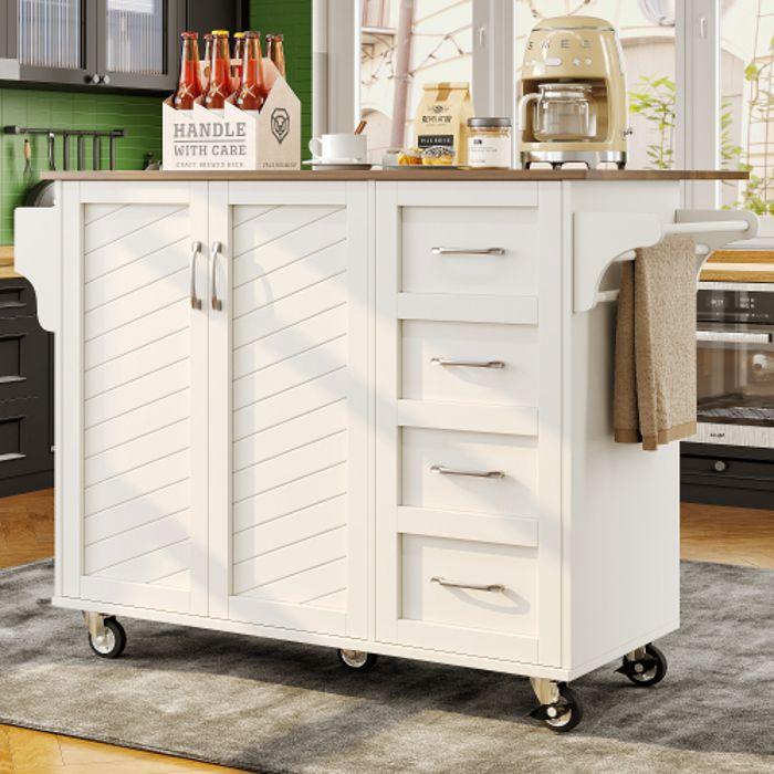 Chariot De Cuisine - MUVOE - Buffet Avec Plateau Pliable - 2 Tiroirs - 2 Portes - Blanc