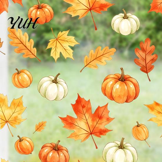 Herbstparty Fensterzubehör Aquarell Herbst Statische Aufkleber, Ahornblatt & Kürbis Abnehmbare Sticker, Innen Außen Glas Dekor Aufkleber für Thanksgiving