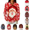 Women's Christmas Print Long Sleeve Button Down Casual Top with Collar and Side Slits