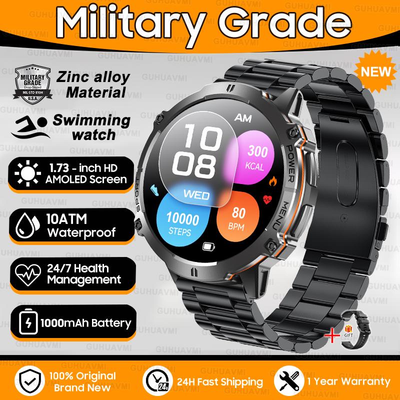New 1000mAh Big Battery Outdoors Military SmartWatch 1.73" AMOLED Screen 10ATM Waterproof Compass Sports Tracker Smartwatch