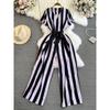 Fashion Celebrity Short Sleeve V-Neck Striped Dress Pants Casual High Waist Skinny Straight Wide Pants Jumpsuit