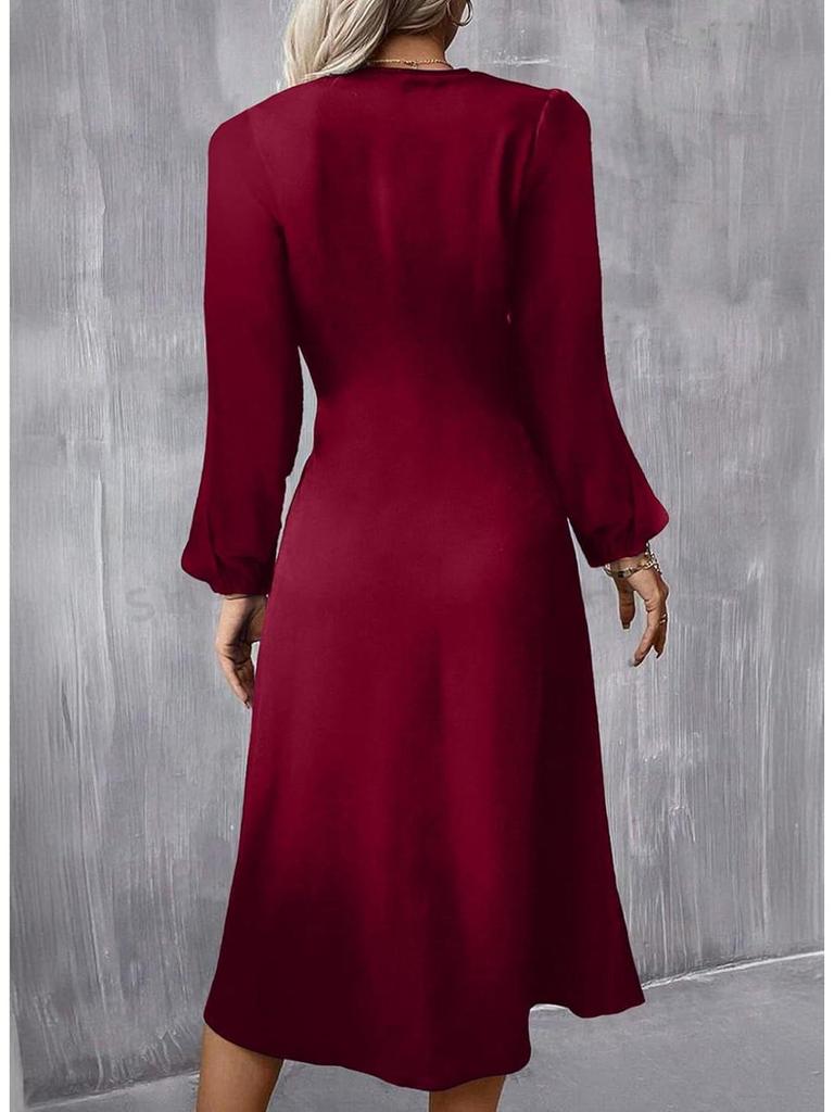 2024 European & American Round Neck Slim Fit Long Sleeve Split Dress for Autumn/Winter Women's Fashion