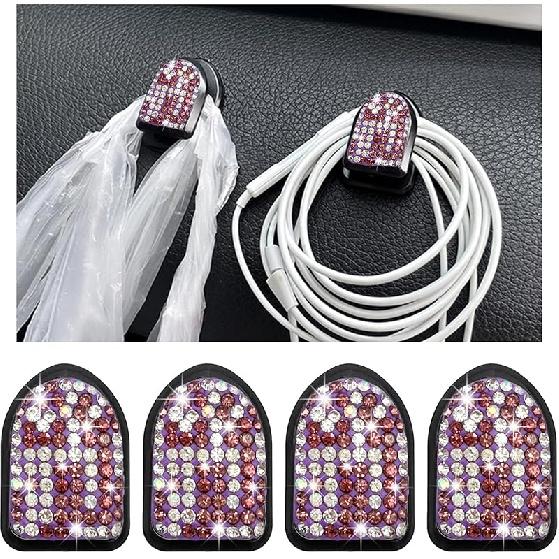 4PCS Bling Car Mini Hooks, Multifunctional Adhesive Small Auto Storage Hook for Key Cable Mask, Crystal Rhinestone Dashboard Hanging Hook, Interior