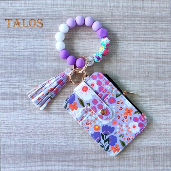Ladies Floral Wristlet Wallet Boho Style Coin Purse Keychain with Tassel Elastic Beaded Wristlet Wallet with ID Card Window for Shopping Travel Daily