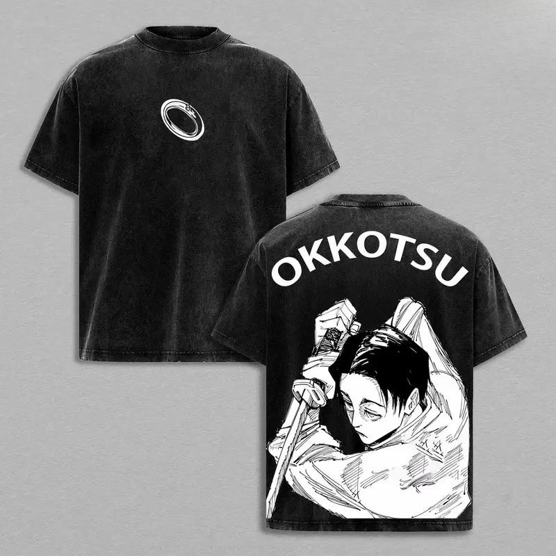 Okkotsu Yuta Printed Tee Anime Jujutsu Kaisen Clothing Men Women Retro Washed T-shirts Loose Tshirt Harajuku Male Cotton T Shirt