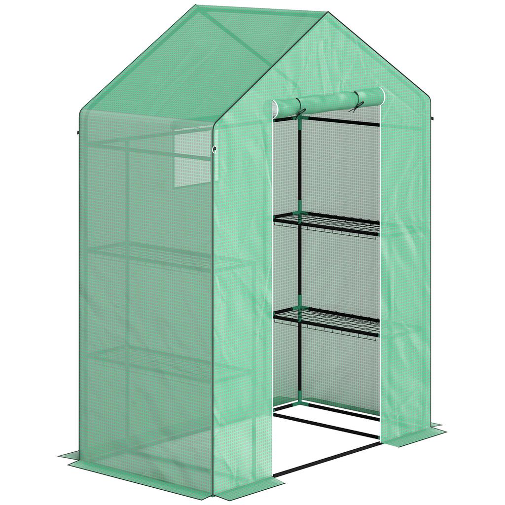 Greenhouse with Shelves, Mini Greenhouse, UV Resistant, Mesh Windows, Zip Door, 143L X 74W X 190H Cm, Green