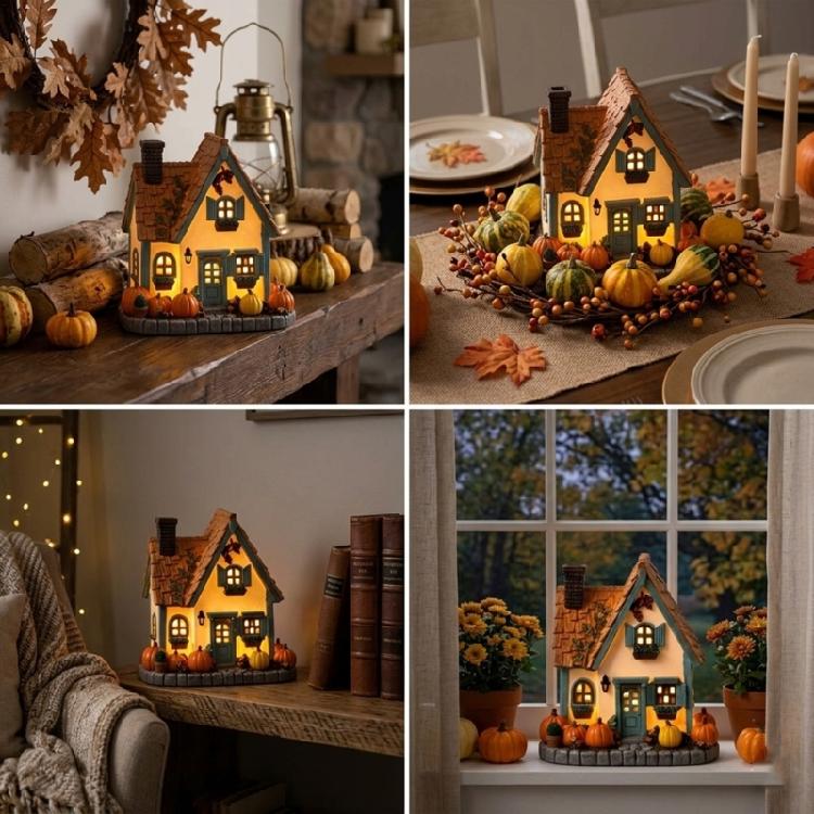 Pumpkin House LED Tabletop Decoration Resin Cottage Statue With Warm Illuminating Window for Fall Centerpieces, Fireplaces Mantels and Bedroom Shelf