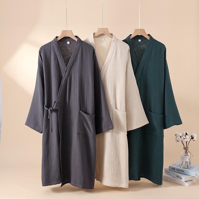 Unisex Pure Cotton Japanese Tie-Up Kimono Pajamas and Gauze Bathrobe for Homewear and Sauna
