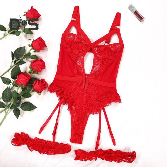 Women Sexy Bodysuit with Thigh Rings Backless Sleeveless Hollow Out Thin See-through Lace Flower Embroidery Spaghetti Strap Skinny Lady Wedding Night
