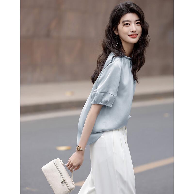 De Mana Lustrous Faux Silk Puff Sleeve Round Neck Blouse S