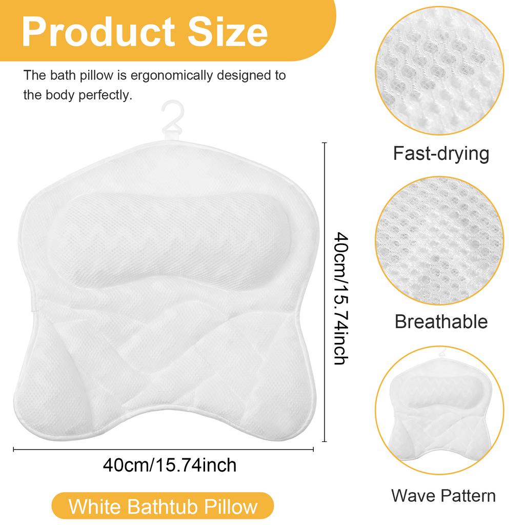 Bath Pillow Polyester Non Slip Bathtub Pillow with 6 Suction Cup and Hook Fast Drying Breathable Bath Neck Pillow Bath Accessory