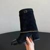 Fashion Brand New Round Toe Thick Heel Chain Belt Buckle Skirt Boots Women's Autumn Winter Fashion Runway Mixed Color Long Shoes Size 43