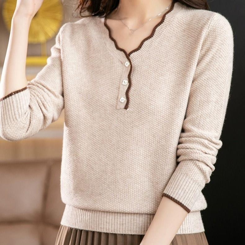 V-neck Sweater Women's Autumn and Winter Casual Long-sleeved Multi-color Base Knitted Sweater Loose Warm Pullover Long-sleeved Top