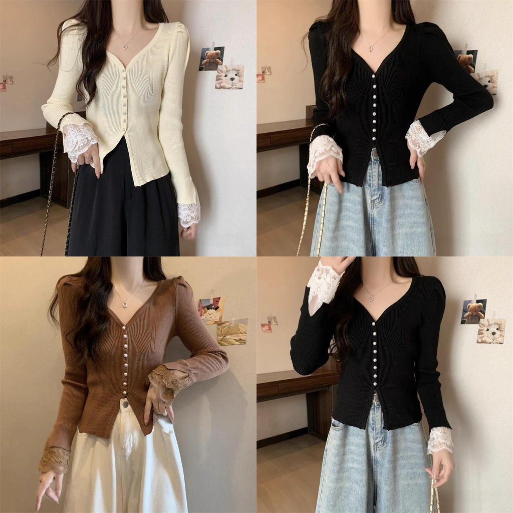 Private Lady Knit Cardigan With Lace Splicing And Princess Sleeves For Spring Wear