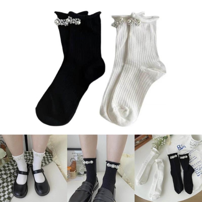 Pearls Crew Socks Sweet Roll Cuffs Ankle Dress Socks Japanese Cute Calf Socks
