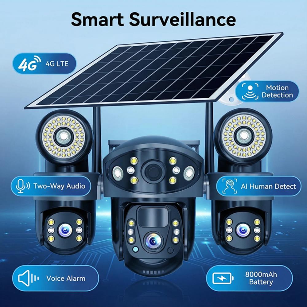 Kamera CCTV 2 w 1 zasilana energią słoneczną, potrójny obiektyw ze światłem LED do widzenia w nocy, bezprzewodowa kamera IP sieci WIFI/4G.