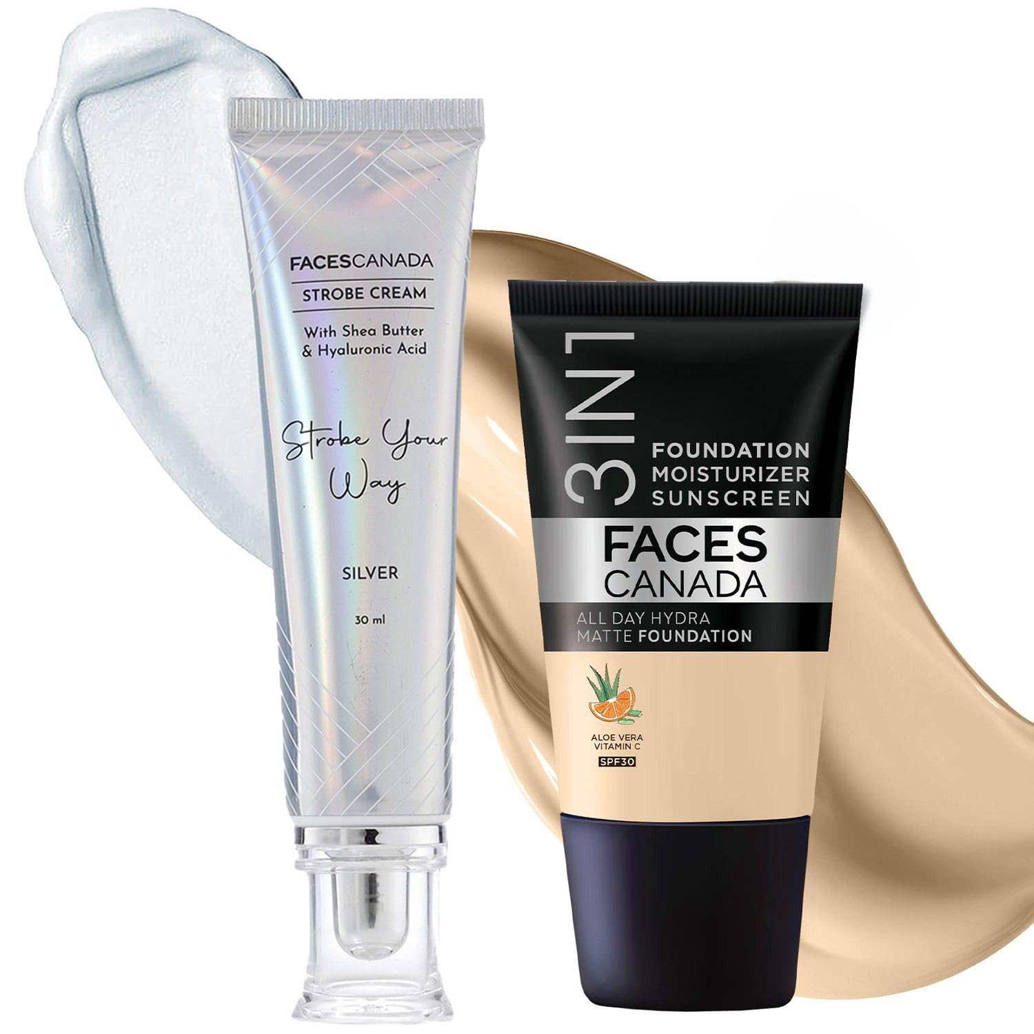 FACESCANADA Набор для сияния с полным покрытием Celeb | Серебристый стробинг-крем (30мл) + Мини-тональная основа Absolute Ivory All Day Hydra Matte (18мл) | Набор косметики Fo