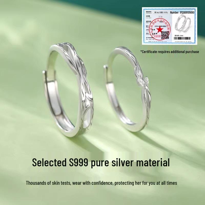 S999 Sterling Silver Lianli Branch Couple Ring Set - Luxurious Silver Rings for Men and Women