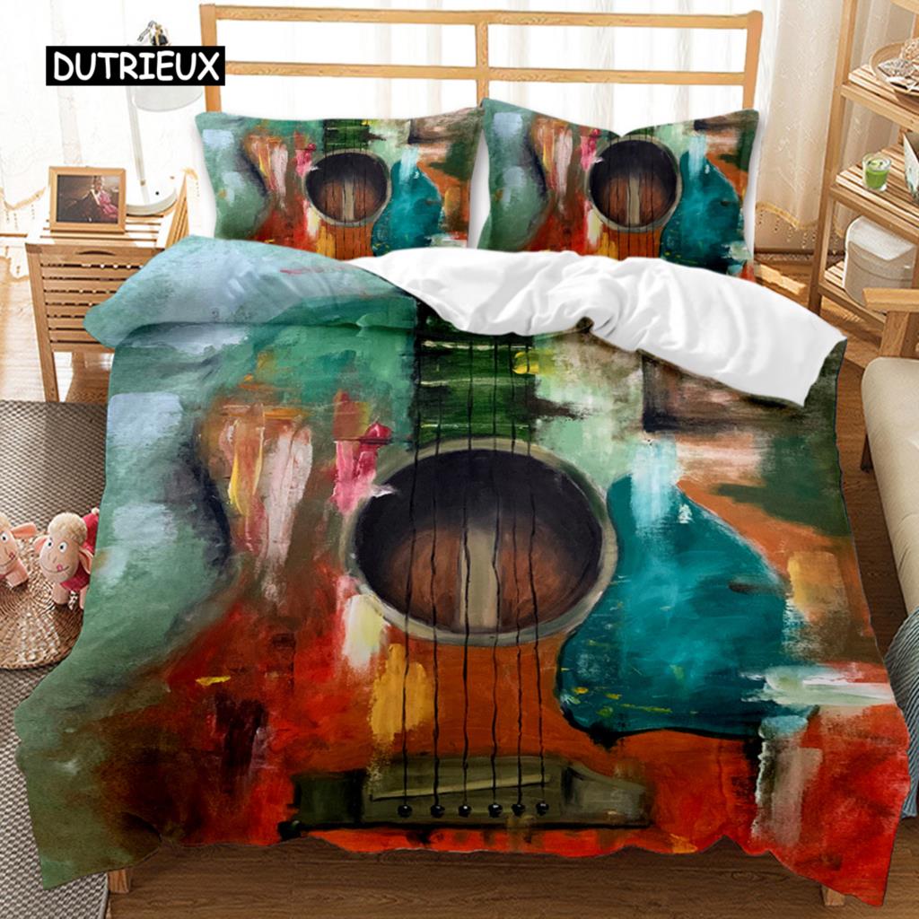 Für Teenager - Gitarren Bettwäsche-Set Einzelbett Rockmusik Deckenbezug-Set Hip Hop Hippie Tagesdecke Blau Gitarre Polyester Bettwäsche-Set