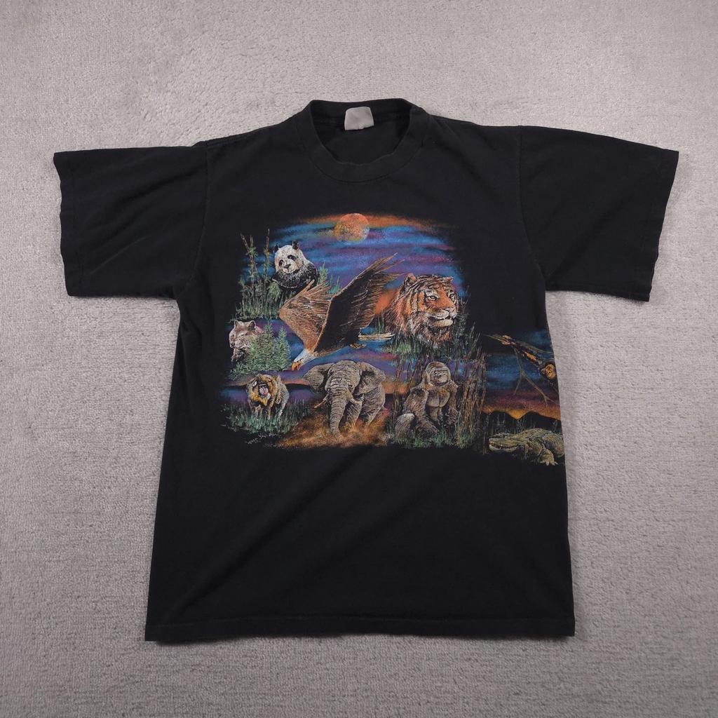 VINTAGE Wildlife Animals Shirt Mens Large Black Made USA Double Sided 90s
