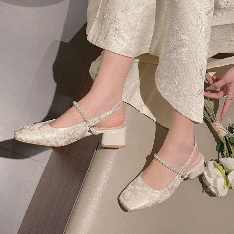 Baotou sandals women's 2025 summer new thick heel light mouth single shoes French pearl Mary Jane shoes square head high heels