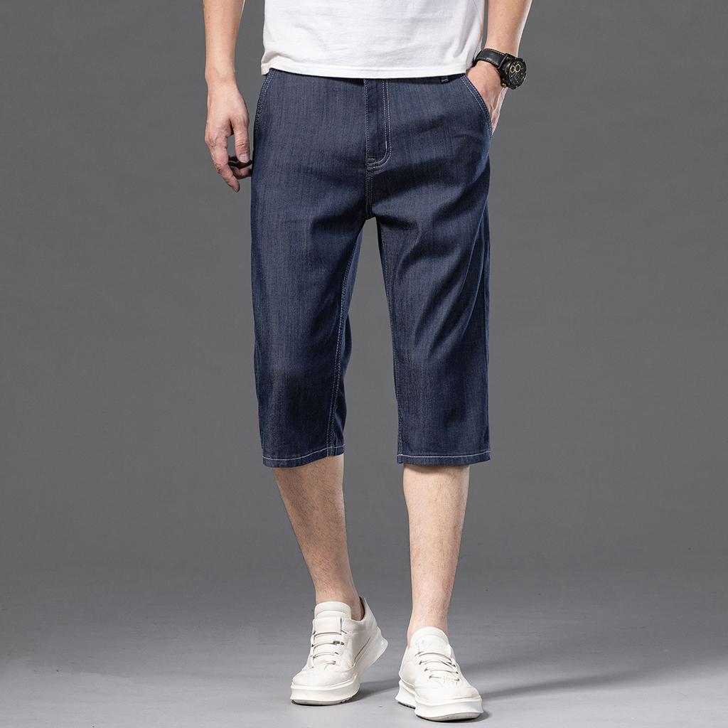 Pantaloncini di Jeans Lyocell Estivi da Uomo a Tre Dimensioni Vita Media Larghi Dritti Corti Elasticizzati Freschi Pantaloni Medi per Uomo