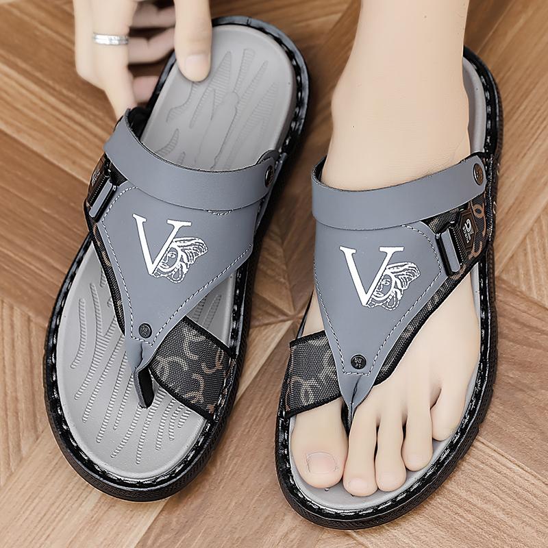 Men Flip Flops Hiking Sandals Leather Outdoor Summer Grey Black Wide Palm Blue Beach Shoes Plus Size Open Toe Plus Size