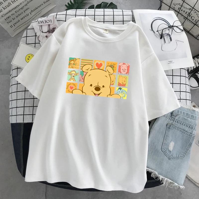 MINISO Winnie Disney Women Men Tshirts Pooh Bear Cartoon Kawaii Tops Fashion Oversized Clothing Short Sleeve Hotselling Top