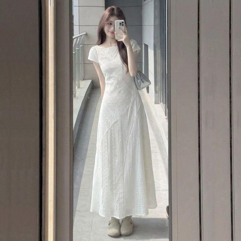 Summer new design round neck short-sleeved jacquard dress women's French temperament waist and thin long A-shaped skirt