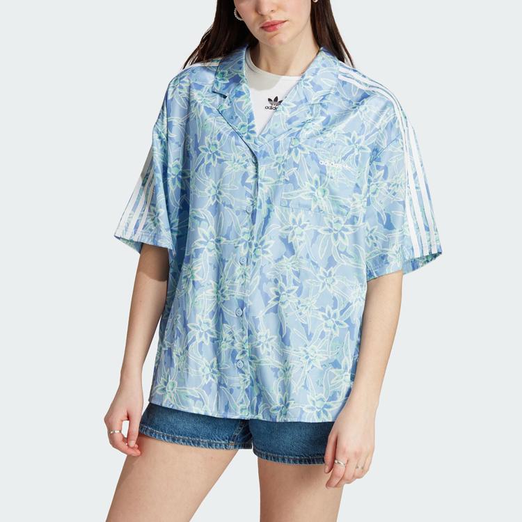 Adidas Originals Trefoil Resort Shirt Floral Print Loose Fit Sports Casual Short Sleeve Shirt Women shirts Light-Blue IT8165