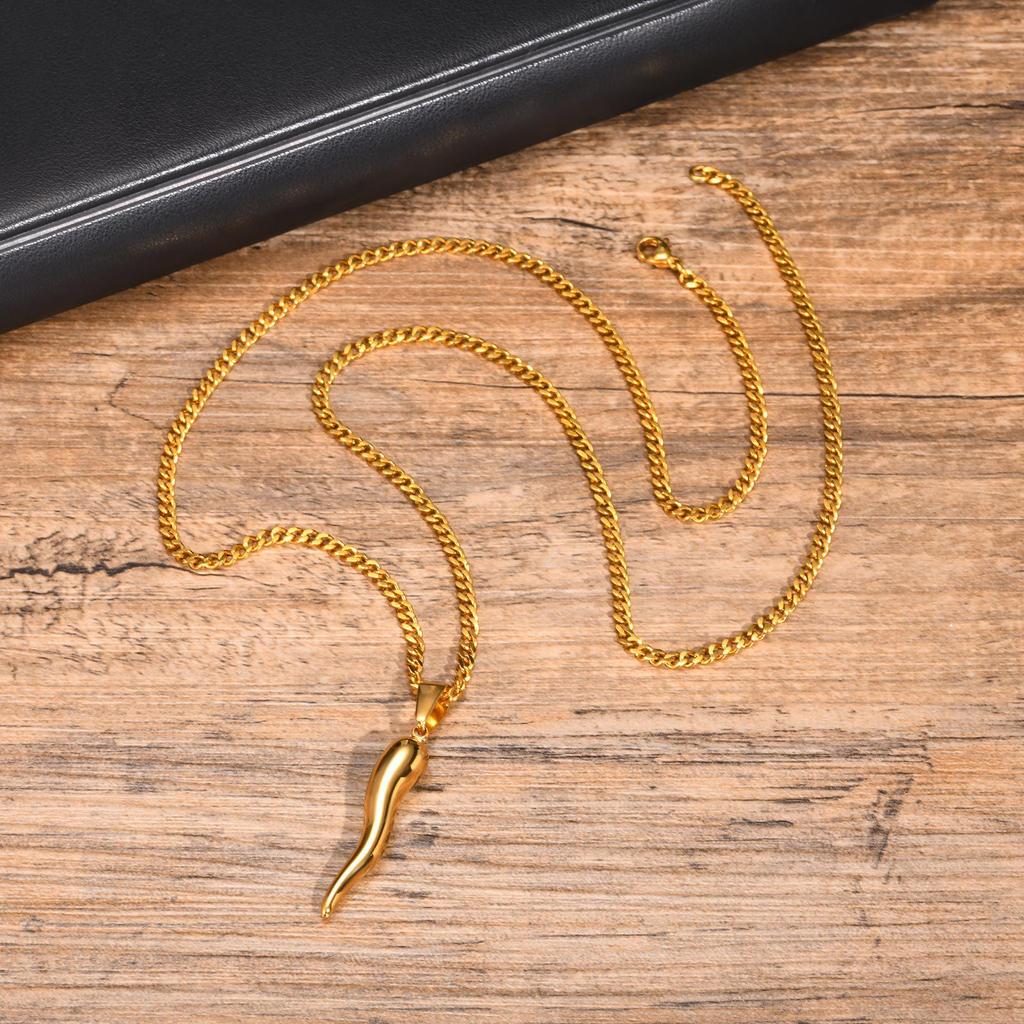Men's Black Stainless Steel Italian Horn Pendant Necklace - Quanxi Water PN1503