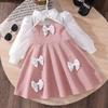 Sweet Girl's Dress with Summer Children's Princess Style, Patchwork Net Fabric, Bow At The Collar, Long-sleeved Dress