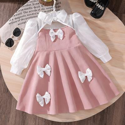 Sweet Girl's Dress with Summer Children's Princess Style, Patchwork Net Fabric, Bow At The Collar, Long-sleeved Dress