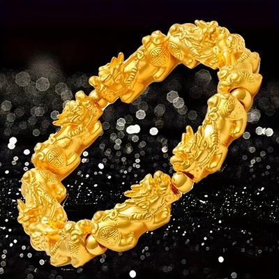 Hanmade And Elastic Perfect Metal Bracelet For Dad Or Friends 1pc Cool Pixiu Bracelet For Men Stylish And Fashionable Golden Alloy As A Birthday Gift