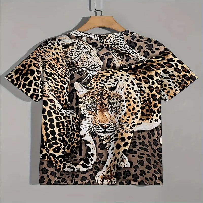 Fierce Leopard Print Men's Comfortable Polyester Fiber Short Sleeved T-shirt for Summer Outdoor Activities and Sports Wear