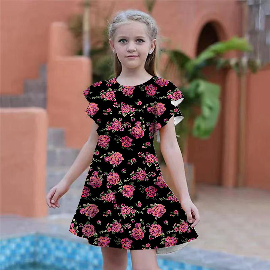 Dívčí šaty s potiskem žluté růže Dětské Dívčí společenské šaty Volný střih Volný střih sukně s krátkým rukávem pro dívky starší čtyř let