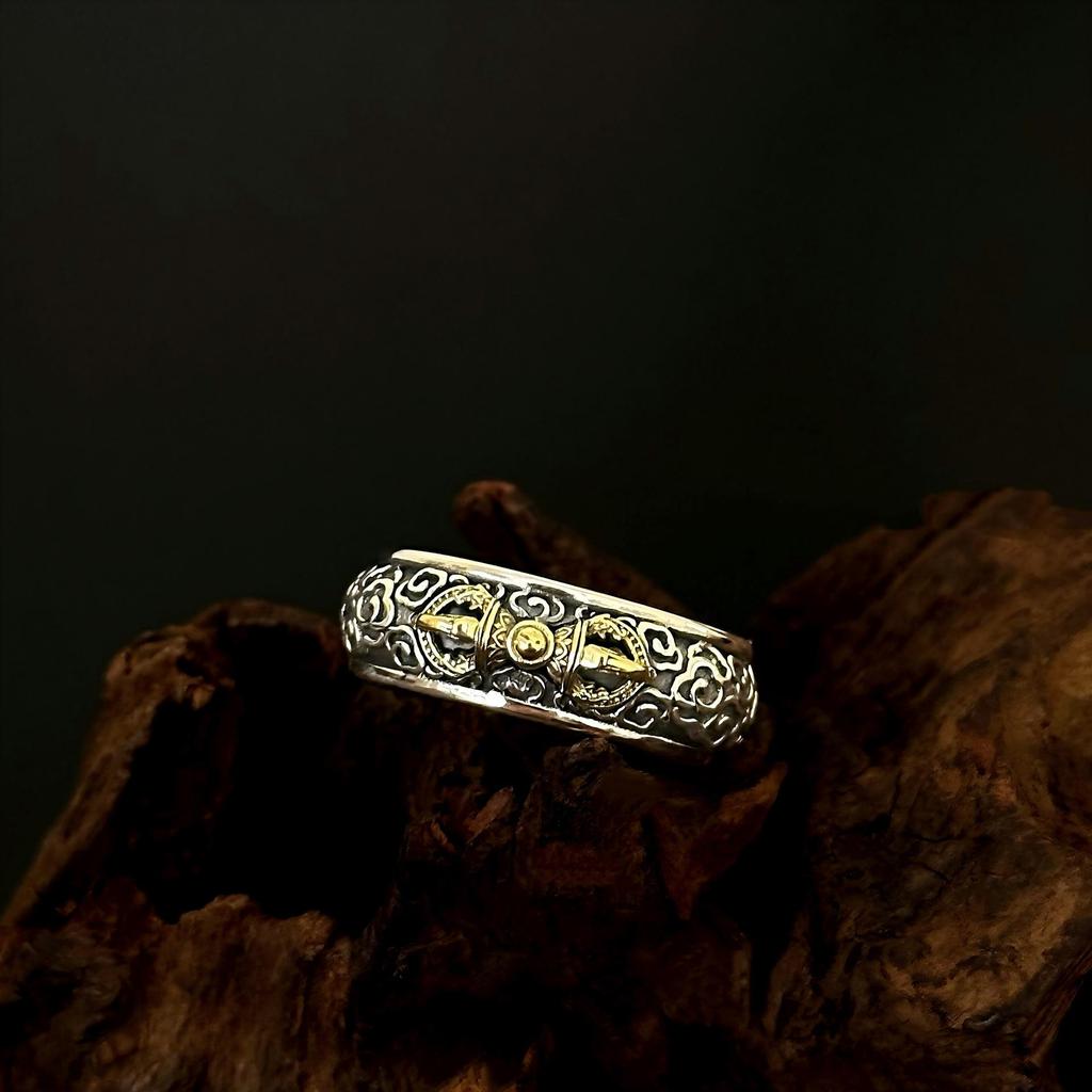 Anello Vajra Regolabile in Argento Sterling S925 con Stile Nazionale Retrò e Disegno di Nuvole Auspiciose per Uomo e Donna
