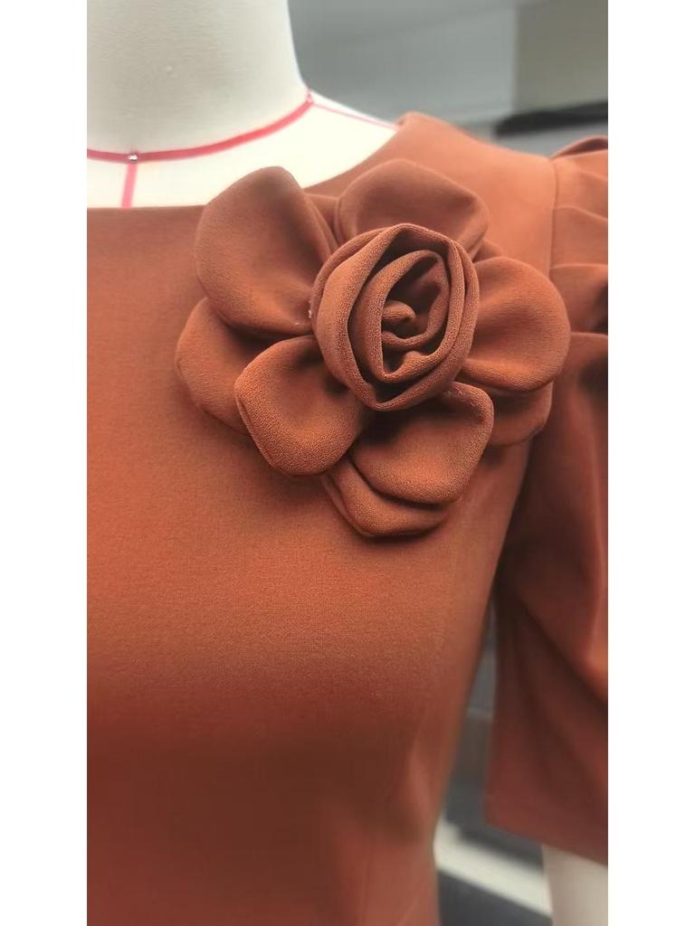 New High-Waisted 3D Floral Short-Sleeve Dress - European & American Style, Slim Fit, Perfect for Evenings & Parties