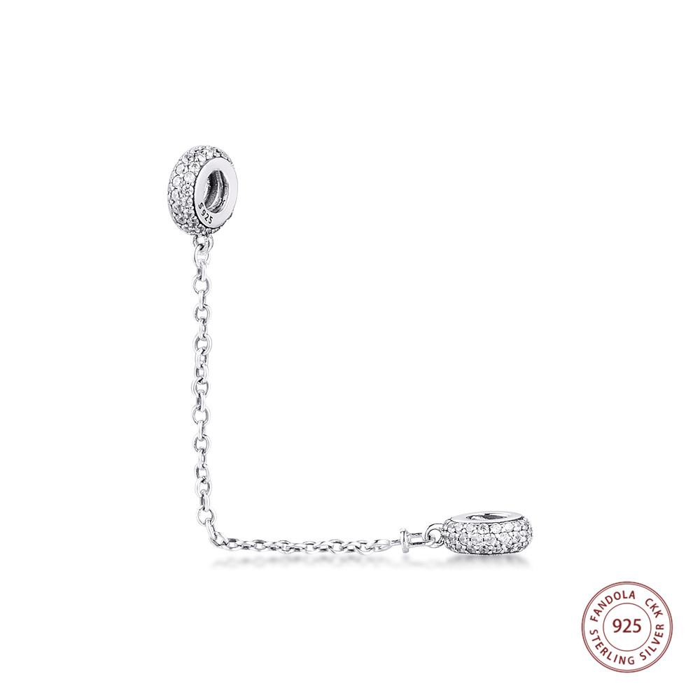 100% 925 Sterling Silver Clear CZ Pave Inspiration Safety Chain Charms Fits Europe Bracelet Beads for Jewelry Making