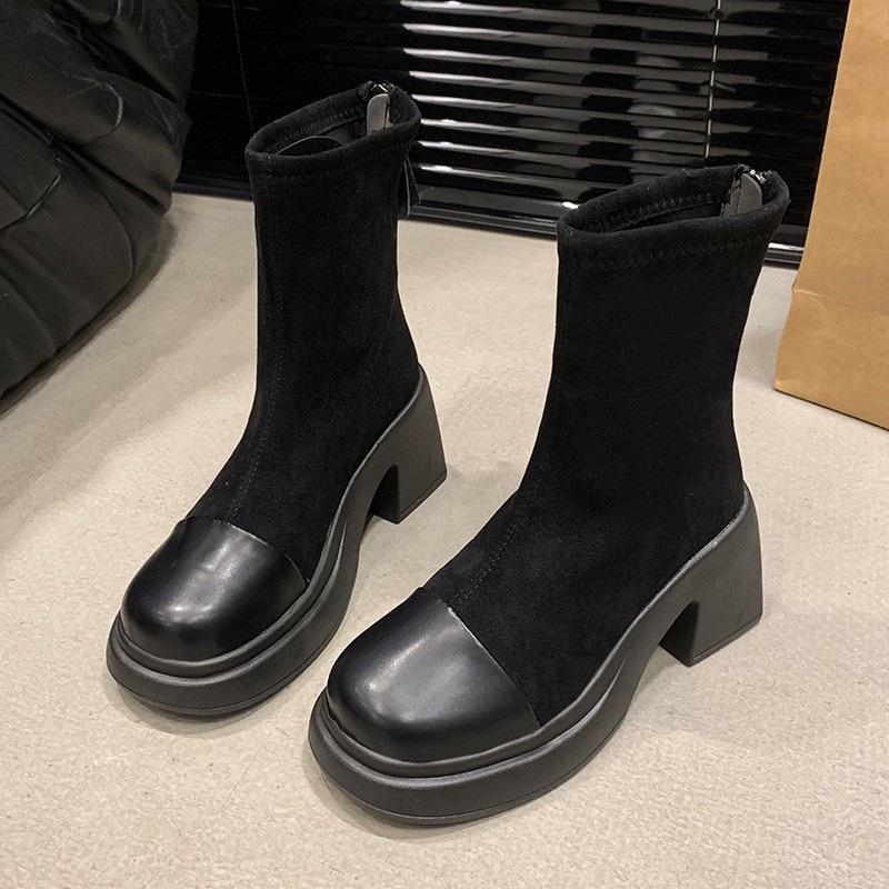 Retro Shoes, Thick-soled Dr. Martens Boots, New Versatile Women's Ankle Boots, Chunky Heels, Slimming Stretch Boots