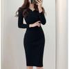 Dress Hong Kong Style Sexy V-neck Waist Hugging Slim fit Sheath Long sleeve Knitted dress Sexy Knit Dress
