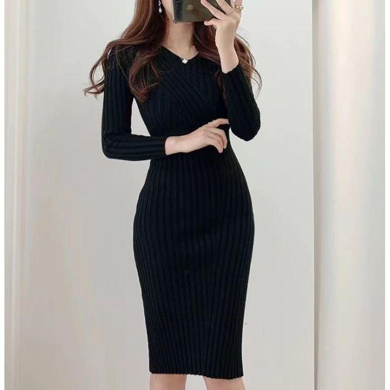 Dress Hong Kong Style Sexy V-neck Waist Hugging Slim fit Sheath Long sleeve Knitted dress Sexy Knit Dress