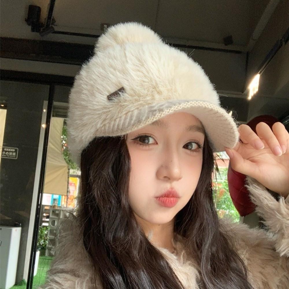 Solid Color Rabbit Fur Texture Hat Polyester Peaked Cap Warm Ear Flap Hat Girls